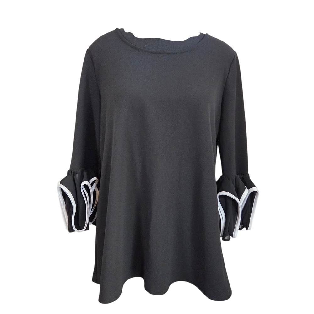 Alfani Black Tunic with White Trim Ruffle Sleeves Size Small